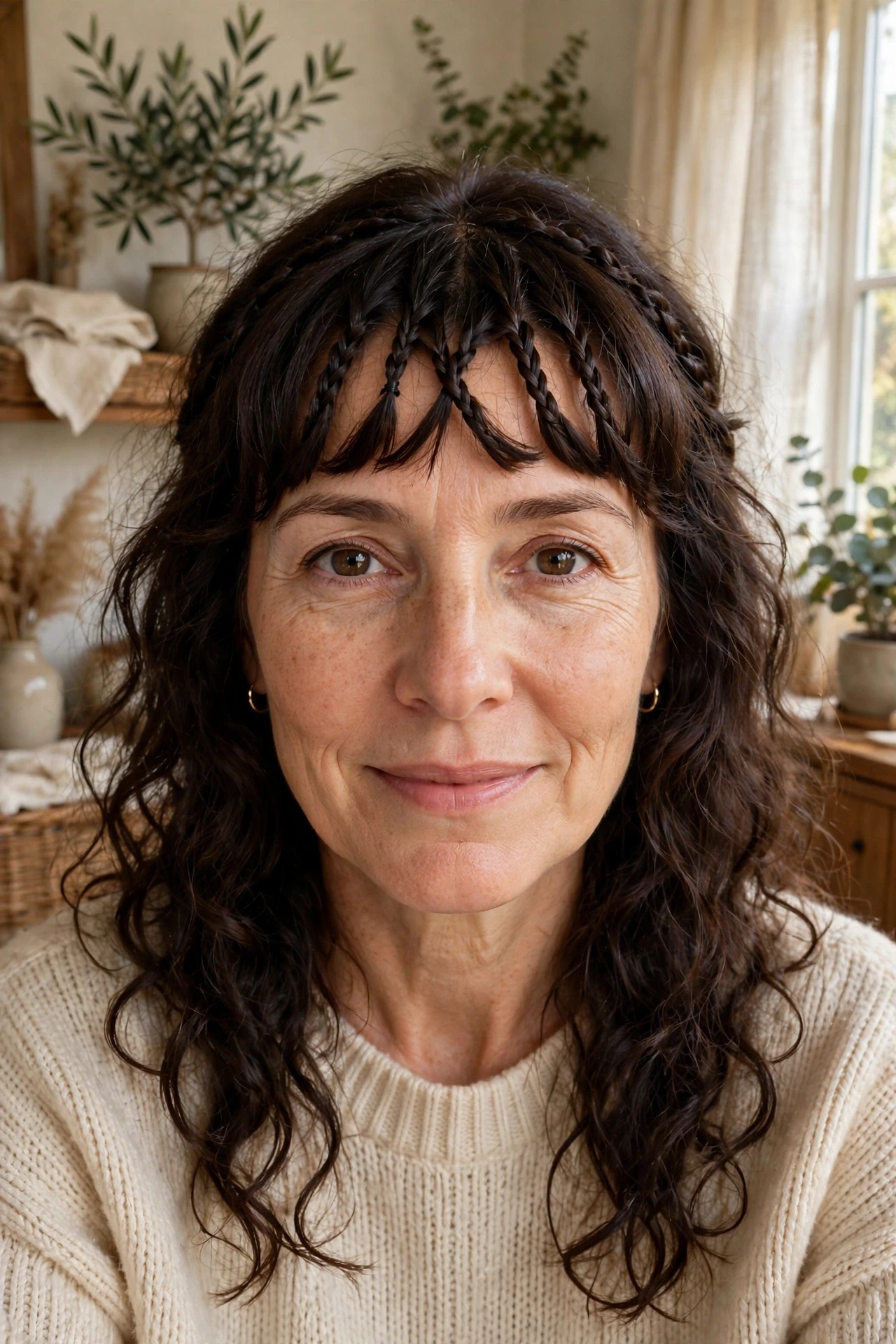 Braided bangs with boho braids framing the forehead