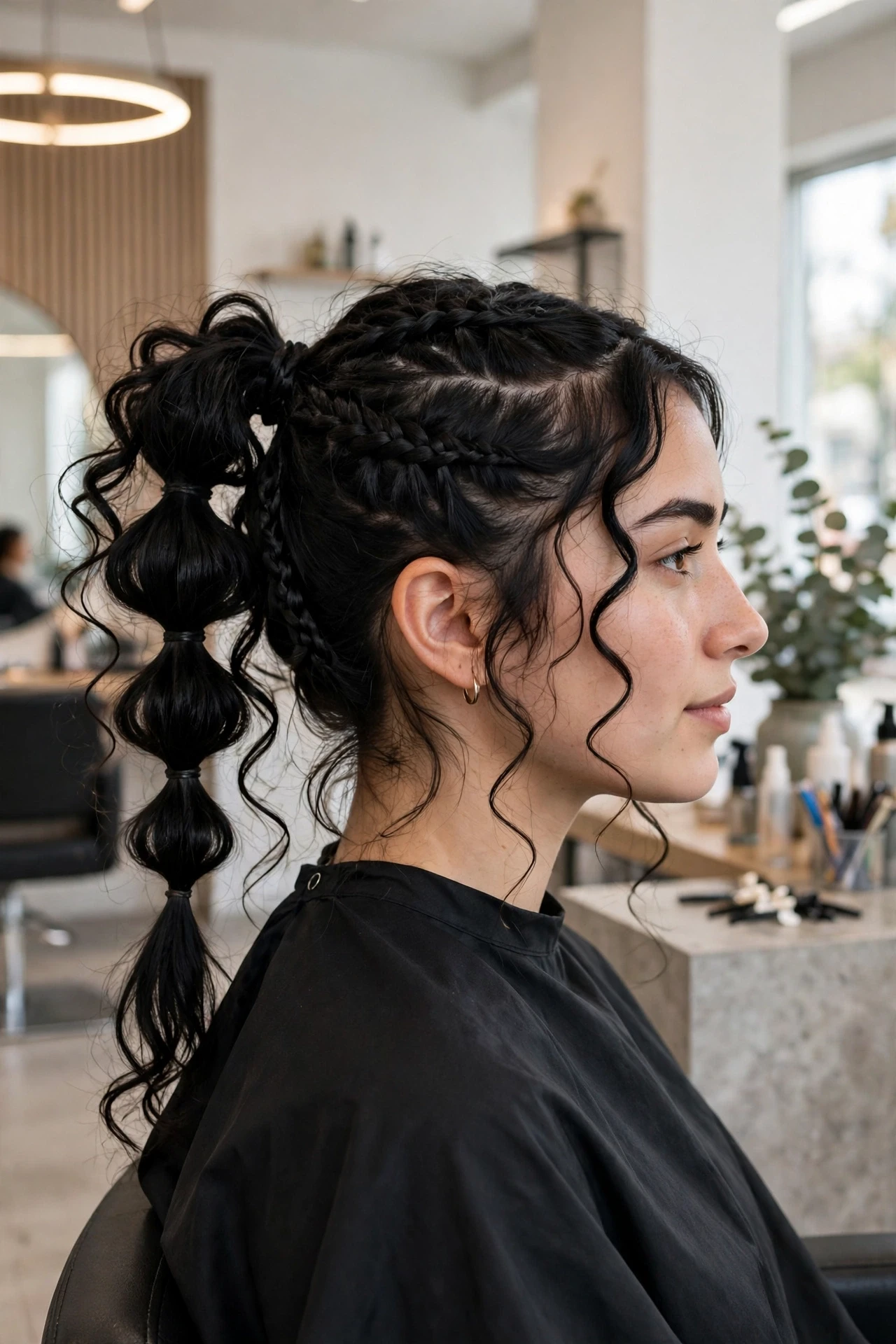 Bubble ponytail with boho braids and puffed sections