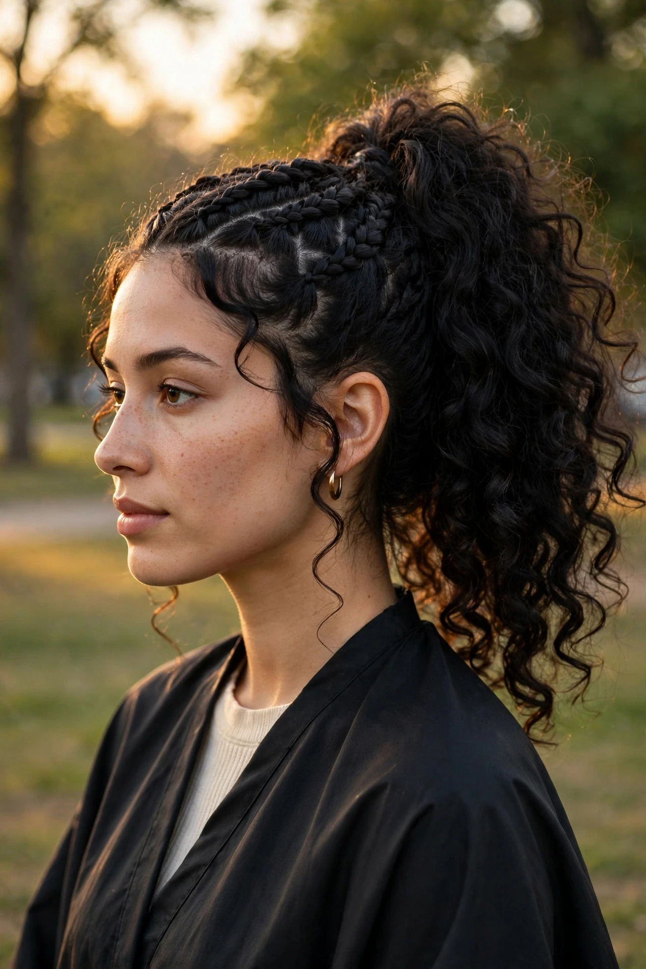 Voluminous curly ponytail with boho braids