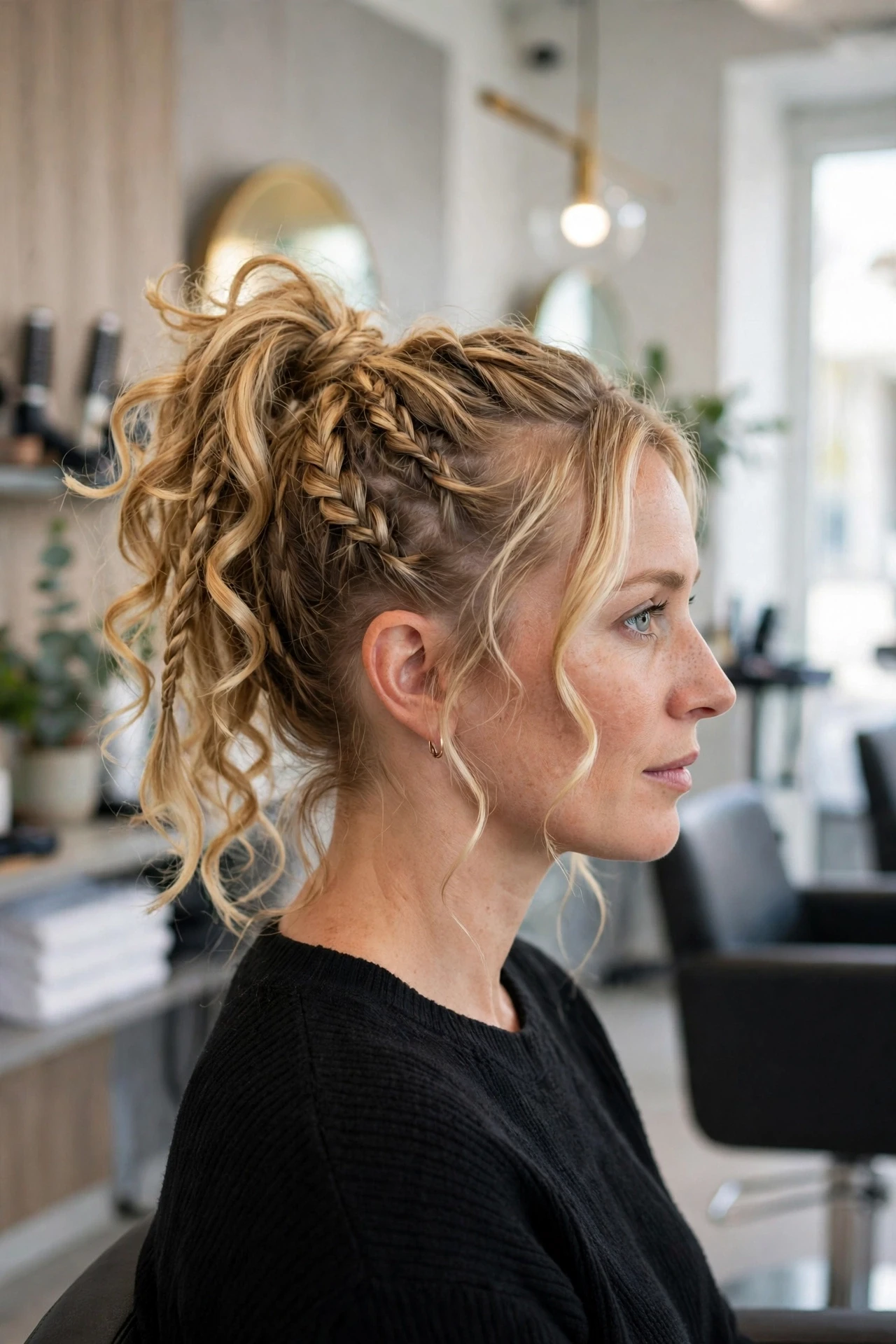 High ponytail with boho braids and loose curly ends
