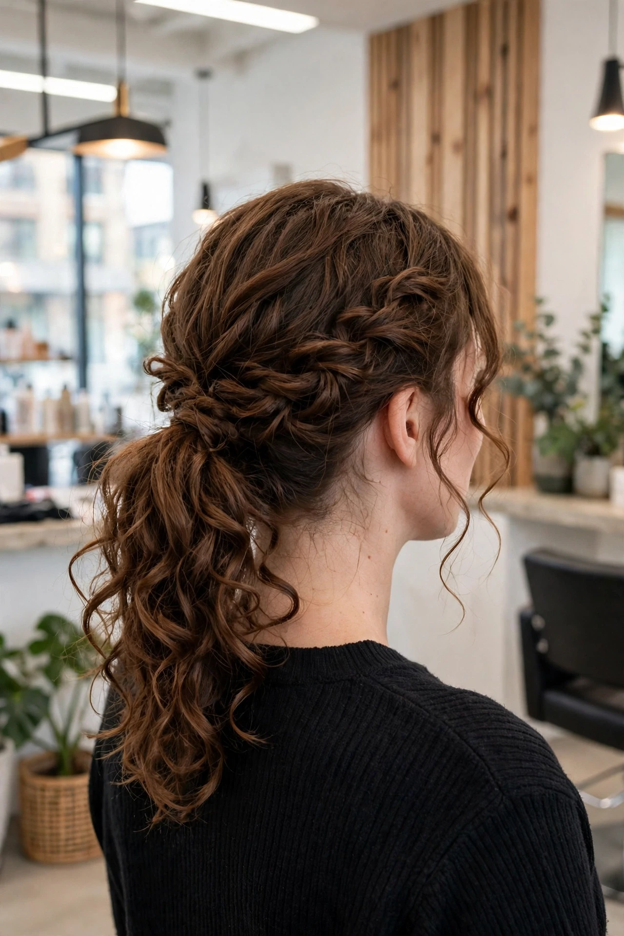 Low ponytail with boho braids at the nape of the neck
