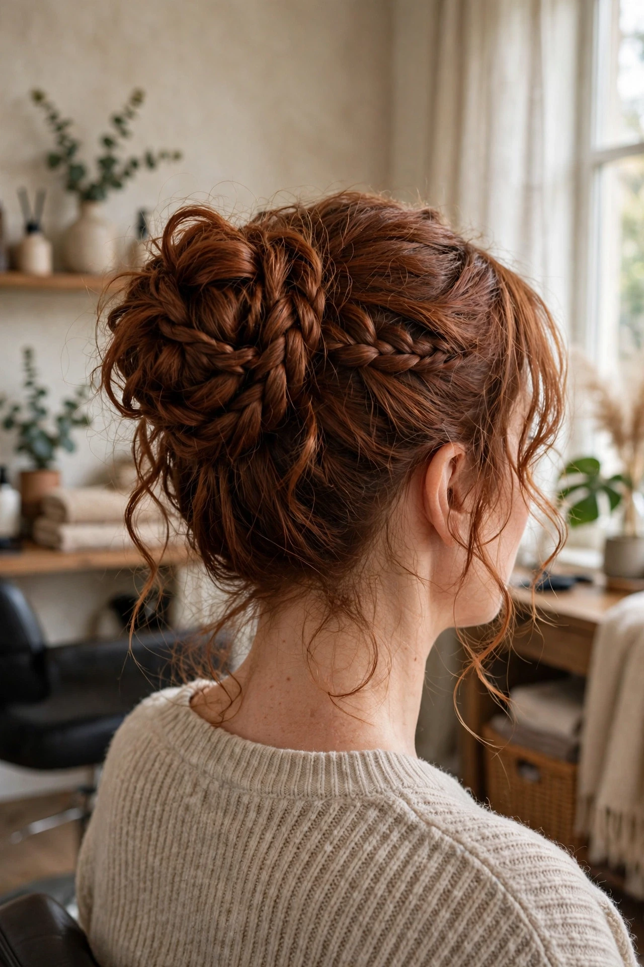 Messy bun with boho braids and soft face framing pieces