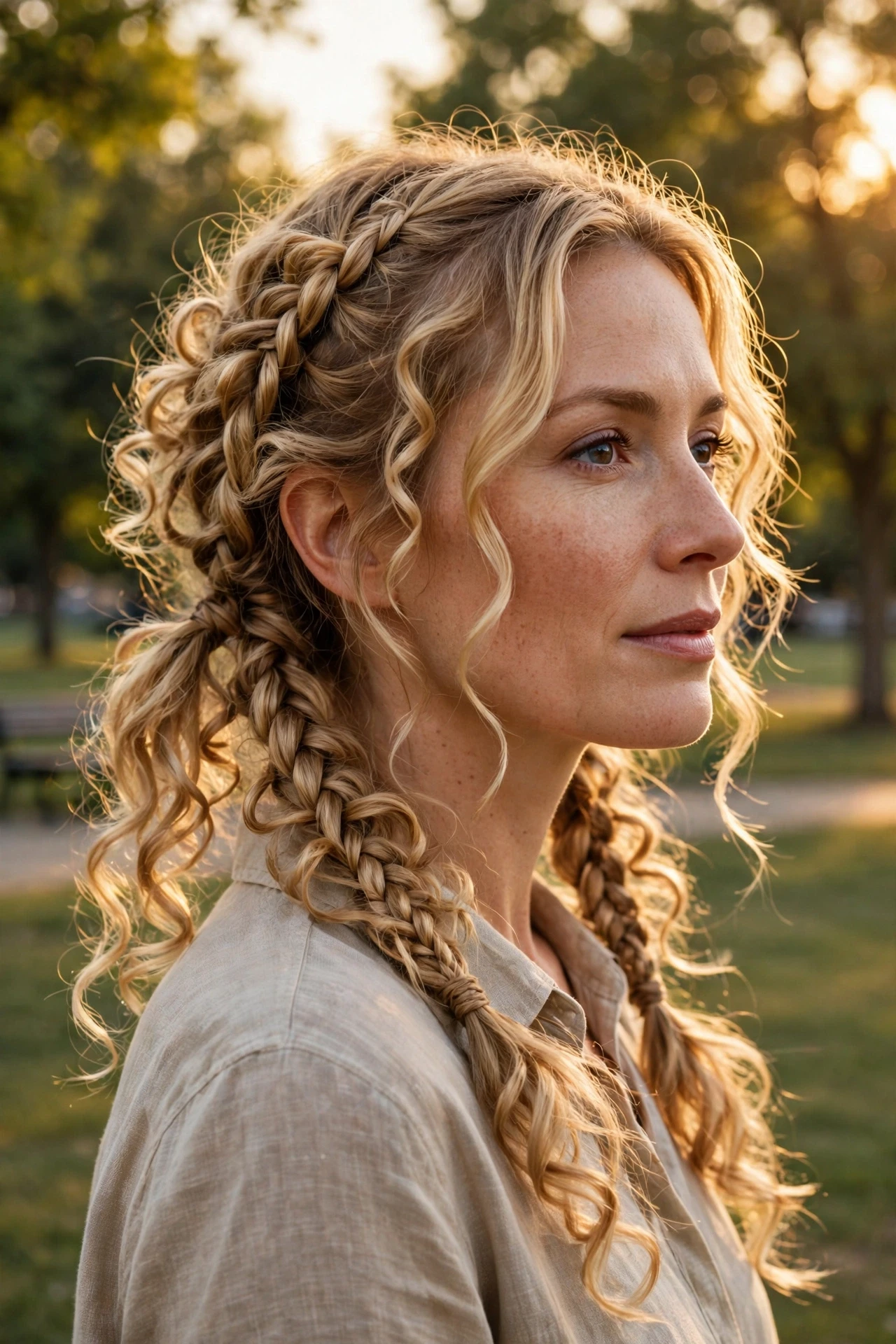 Pigtails with boho braids and loose wavy ends