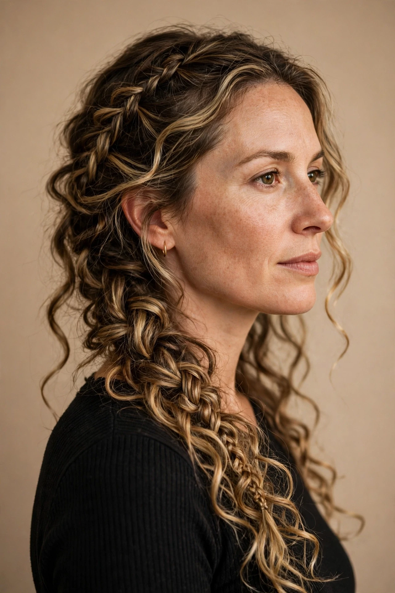 Side swept braid style with boho braids over one shoulder