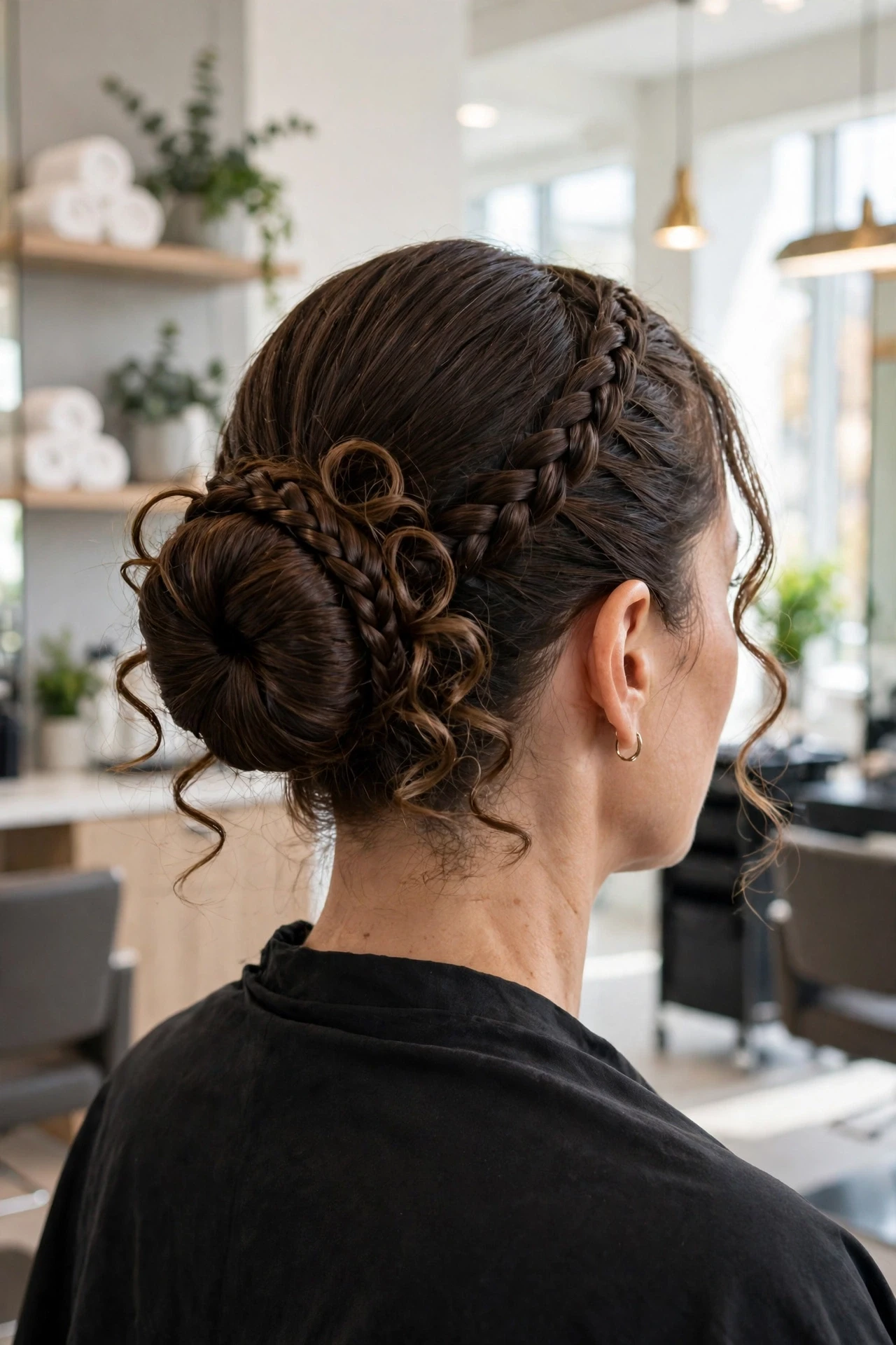 Sleek low bun with boho braids smoothed at the crown