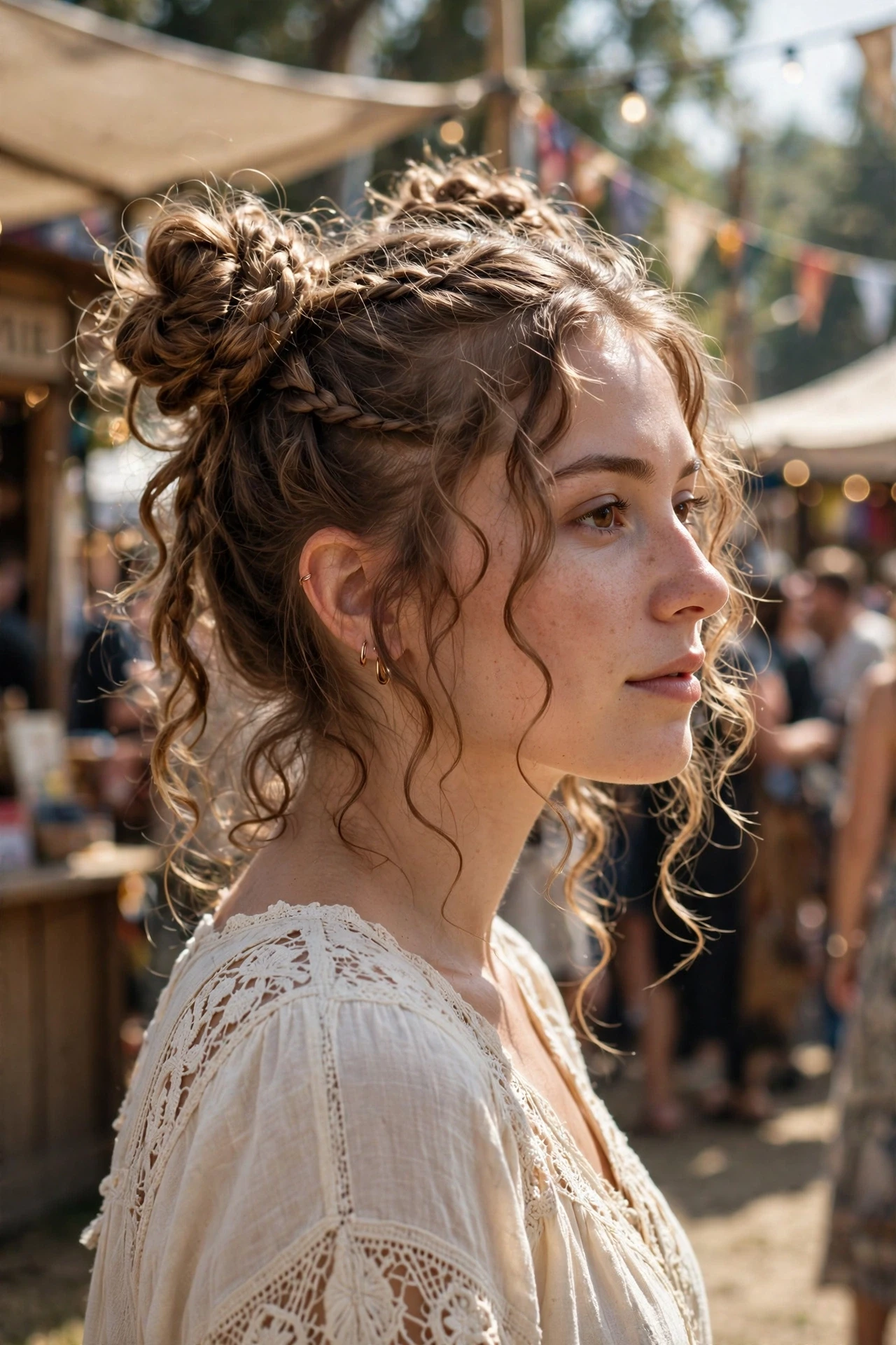 Playful space buns with boho braids and curly pieces