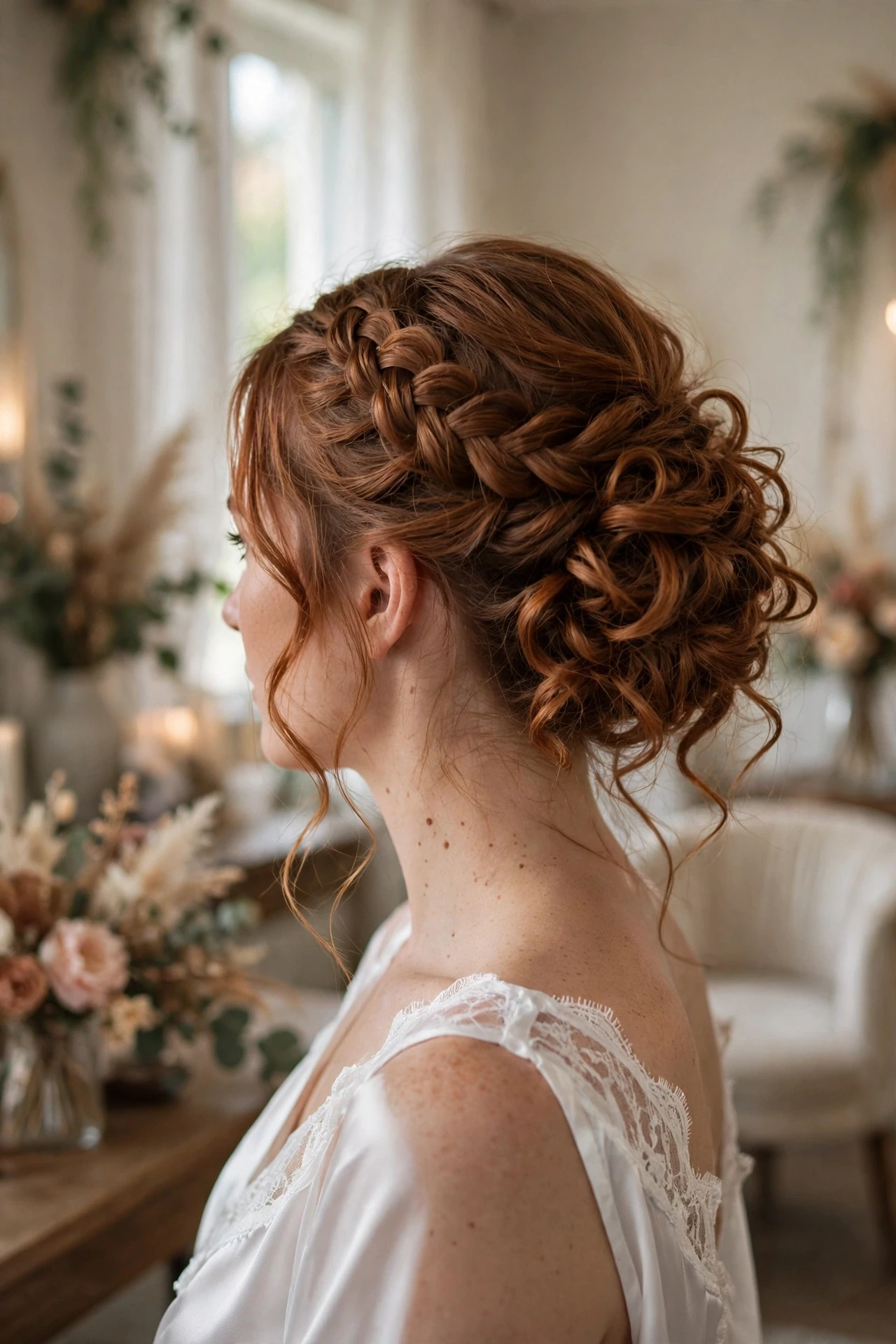 Elegant wedding updo with boho braids and soft curls