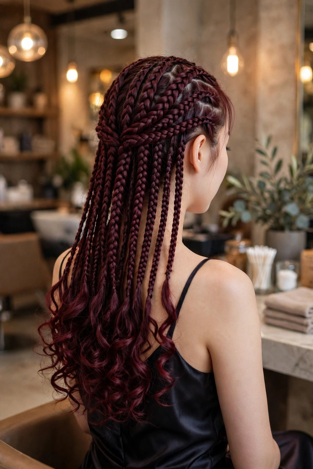 Burgundy knotless boho braids
