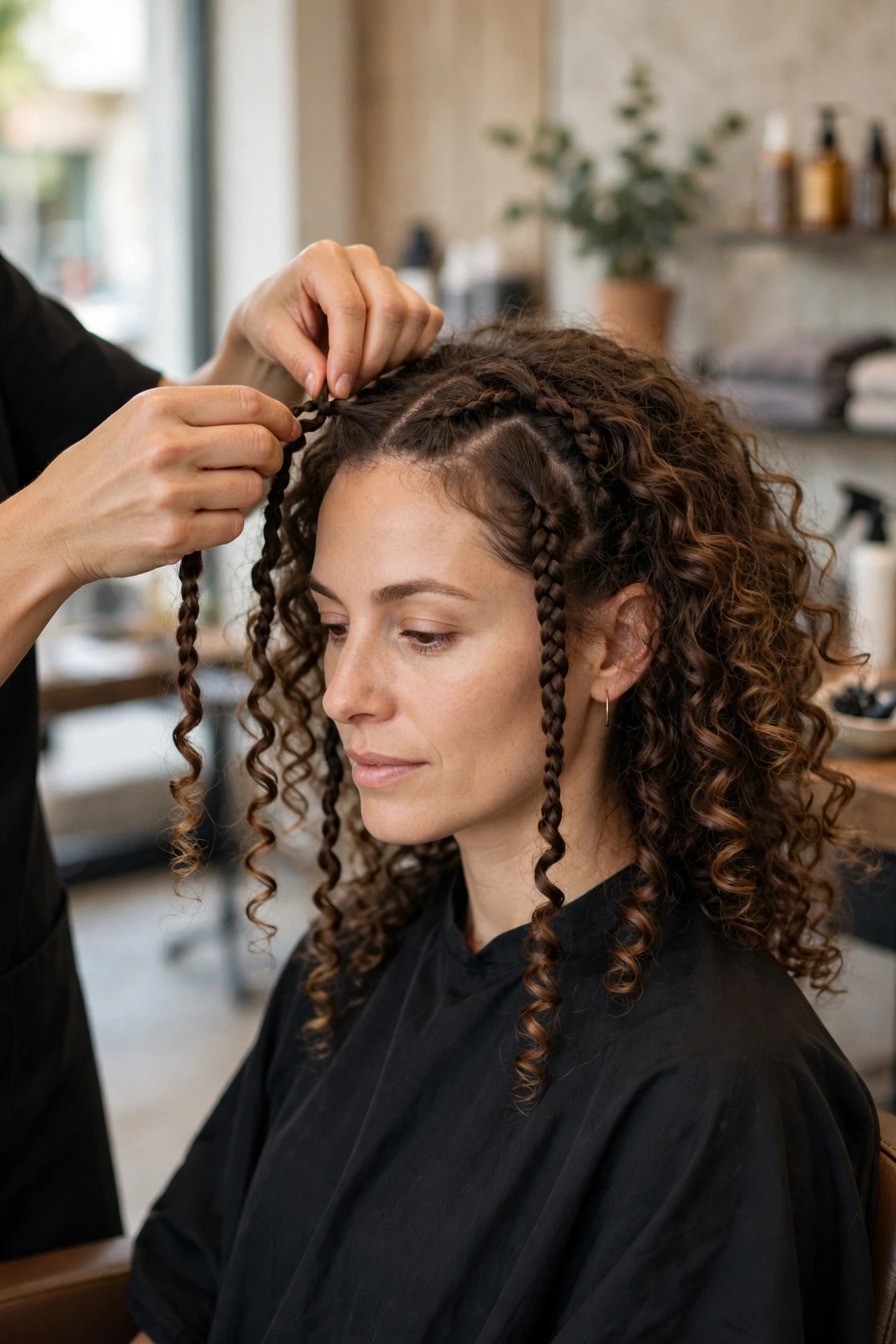 Blending curly pieces around braids for boho braids