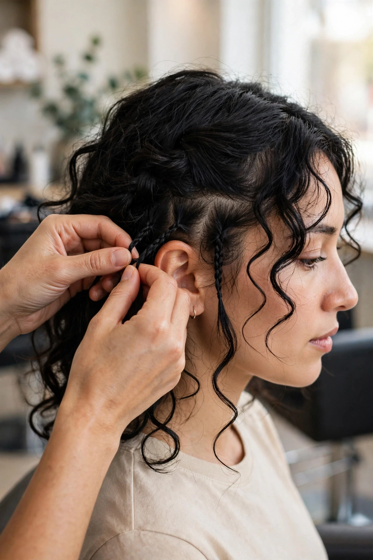 Braiding the side sections near the face for boho braids