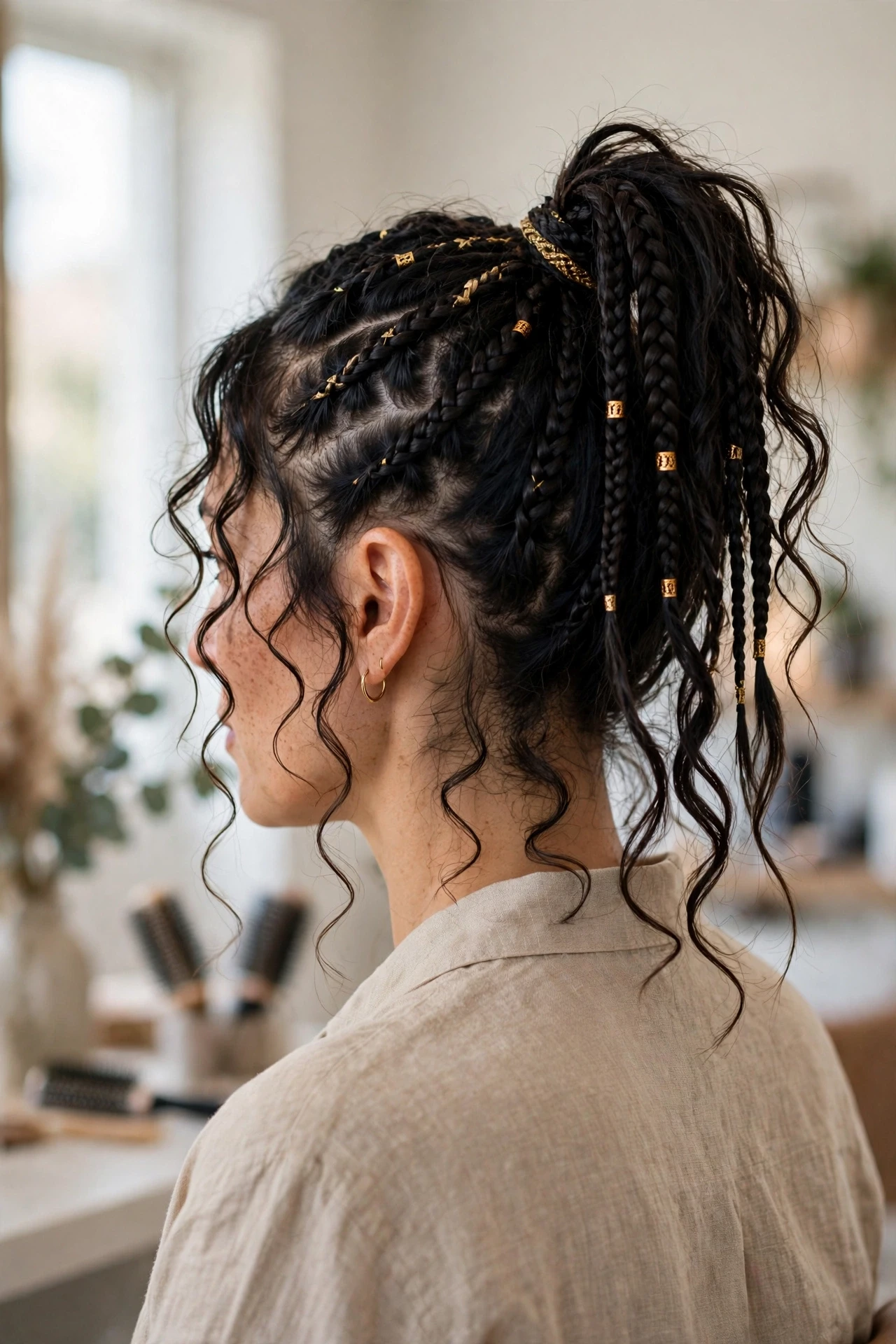Wearing boho braids in a high ponytail