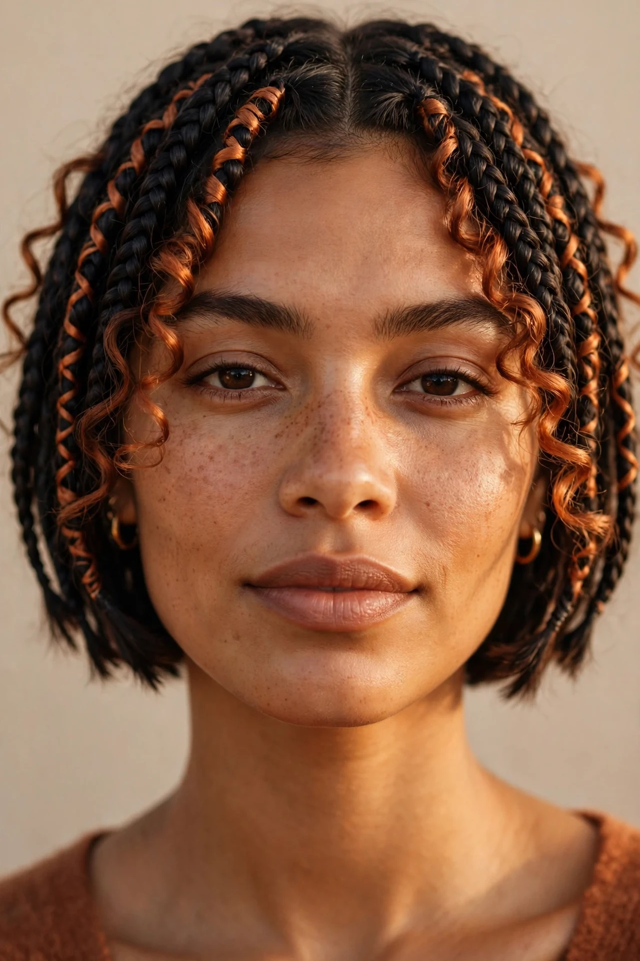 Short boho knotless bob with copper color