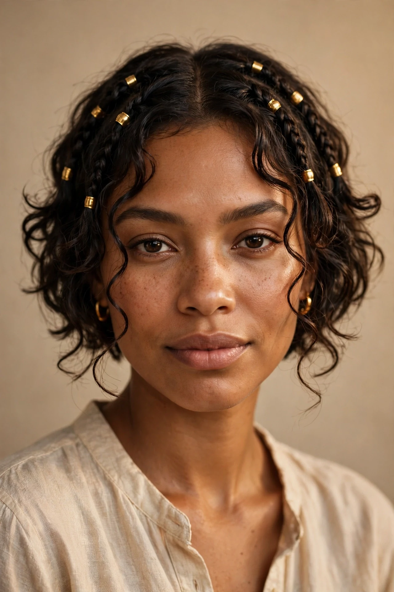 Short boho knotless bob with gold cuffs
