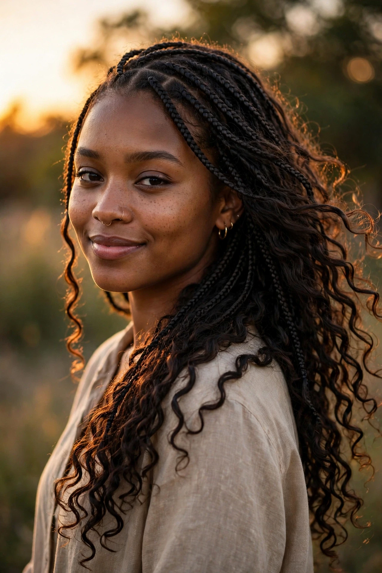Side Swept Small Boho Knotless Braids