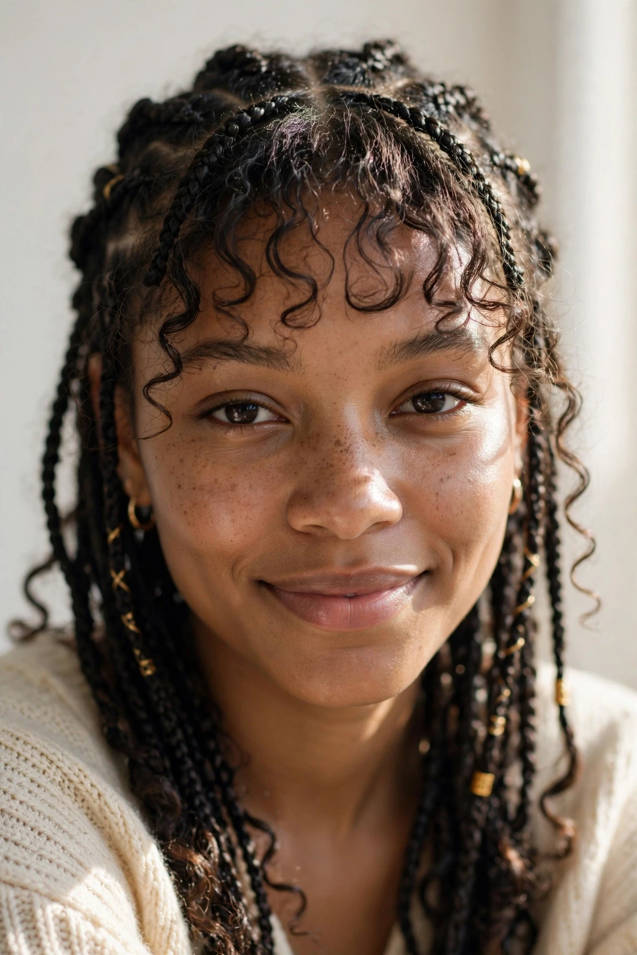 Small Boho Knotless Braids with Bangs